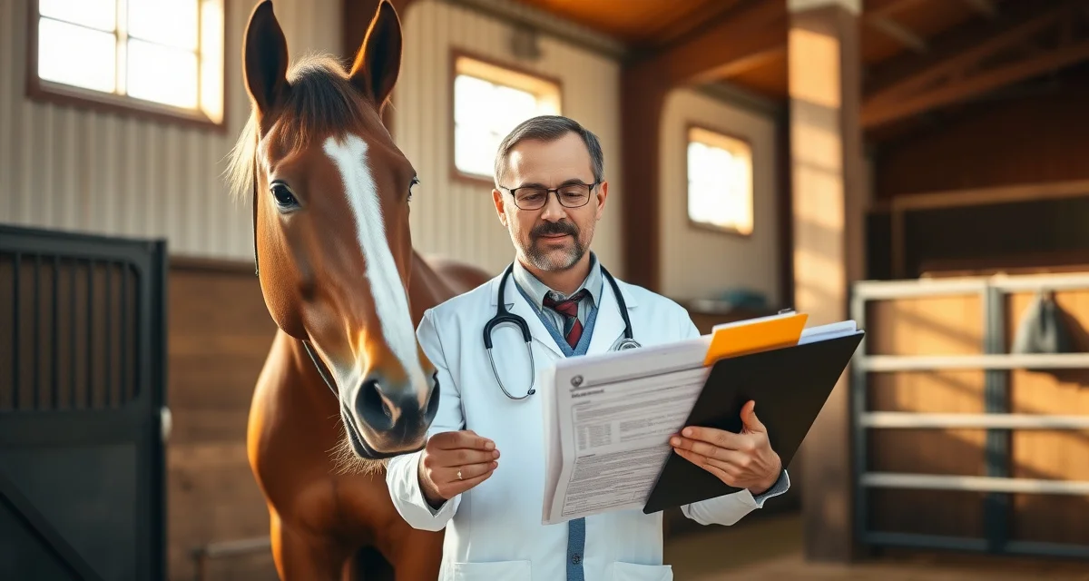 Veterinarian reviewing organized equine health records next to horse in professional barn setting