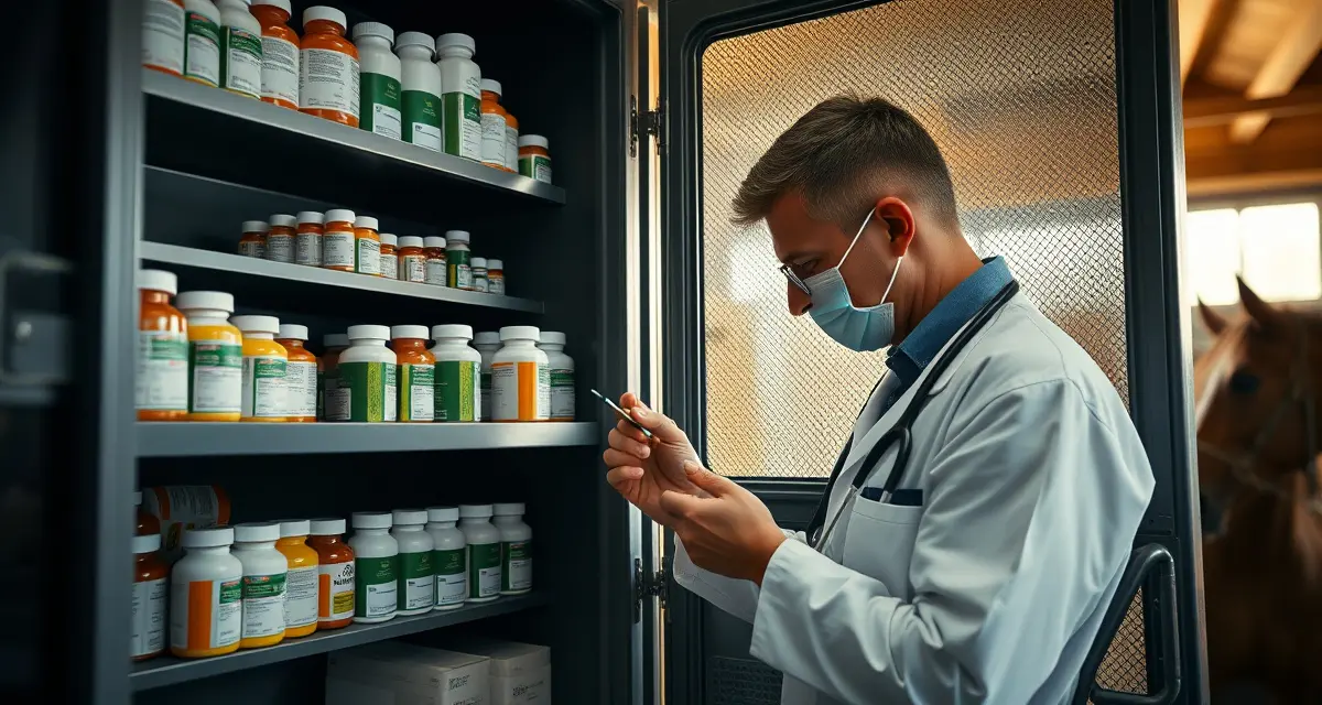 Organized medication storage cabinet with clearly labeled bottles for equine medication management at a horse barn facility.