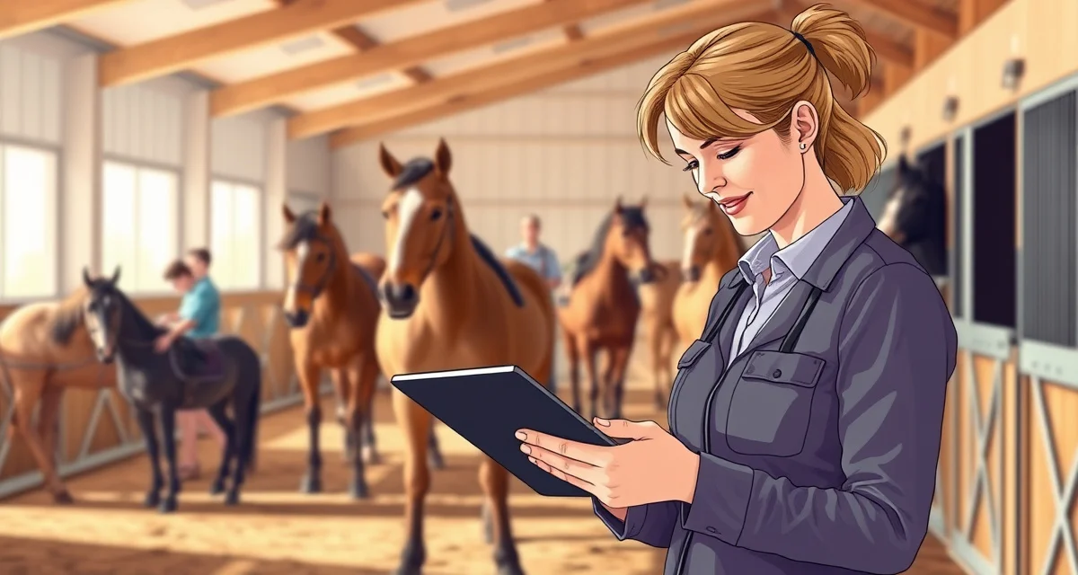 Horse barn manager using scheduling software to organize equine staff shifts and coverage planning