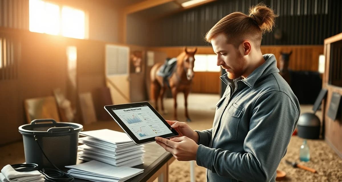 Equestrian trainer using digital training management software to track horse progress and document training sessions in professional barn facility