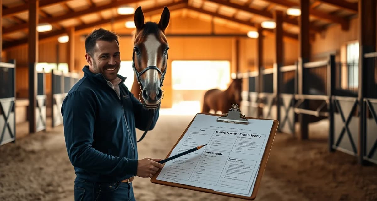 Professional horse trainer managing equine training program with documentation and organized barn management systems