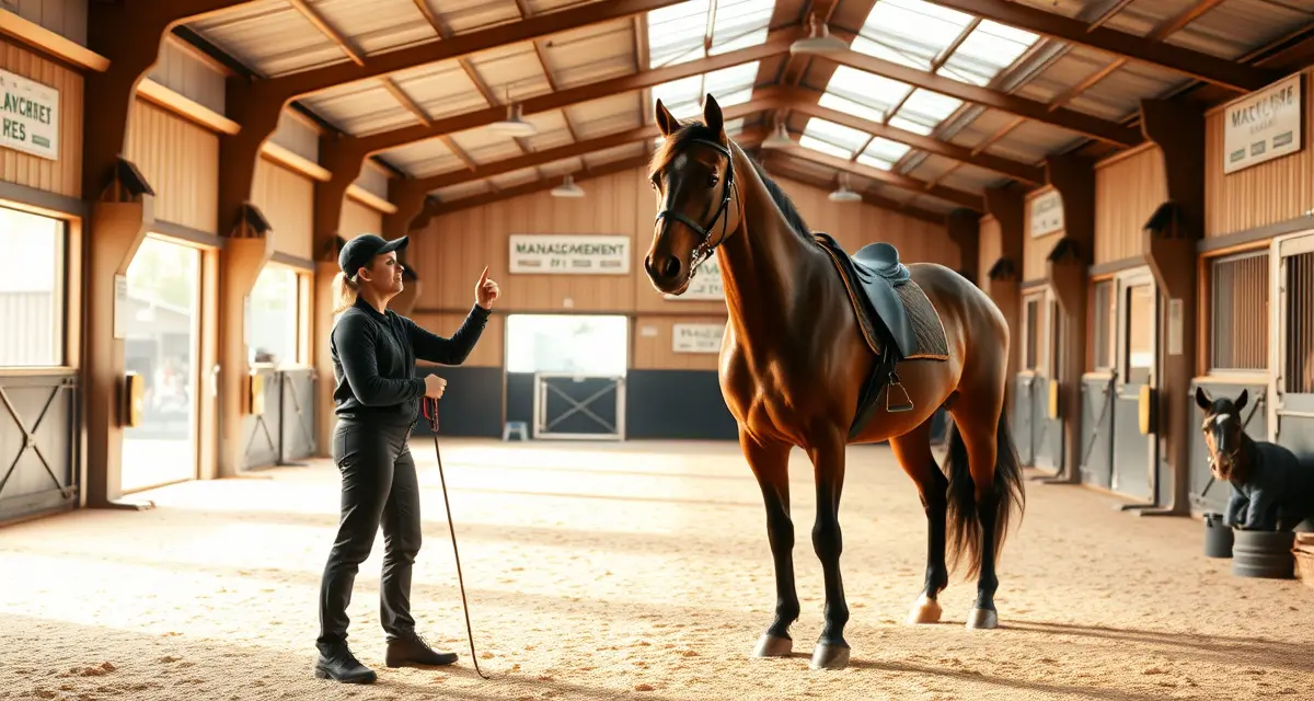 Professional trainer managing equine training program with structured horse development tracking and client communication systems in modern barn facility