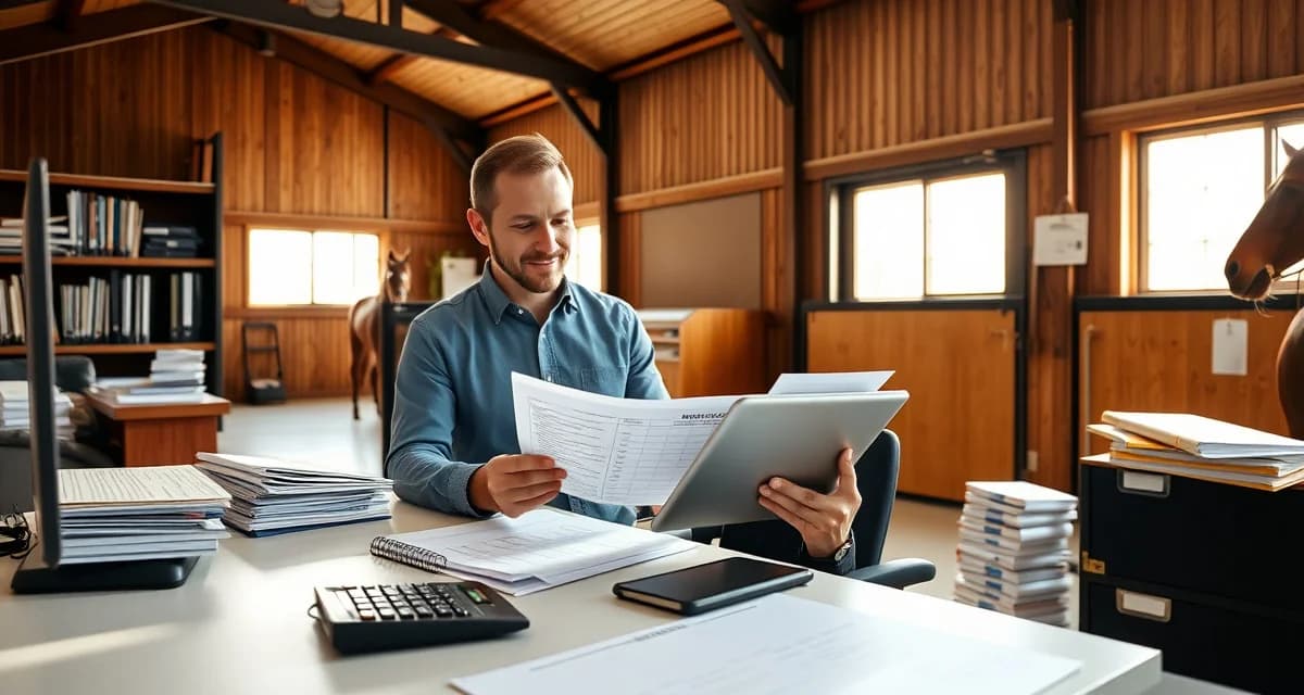Horse barn facility manager organizing eventing barn billing and veterinary costs using professional management software