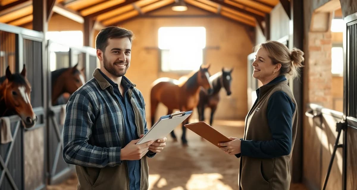 Eventing barn manager performing daily horse health checklist with organized facility and horses in background