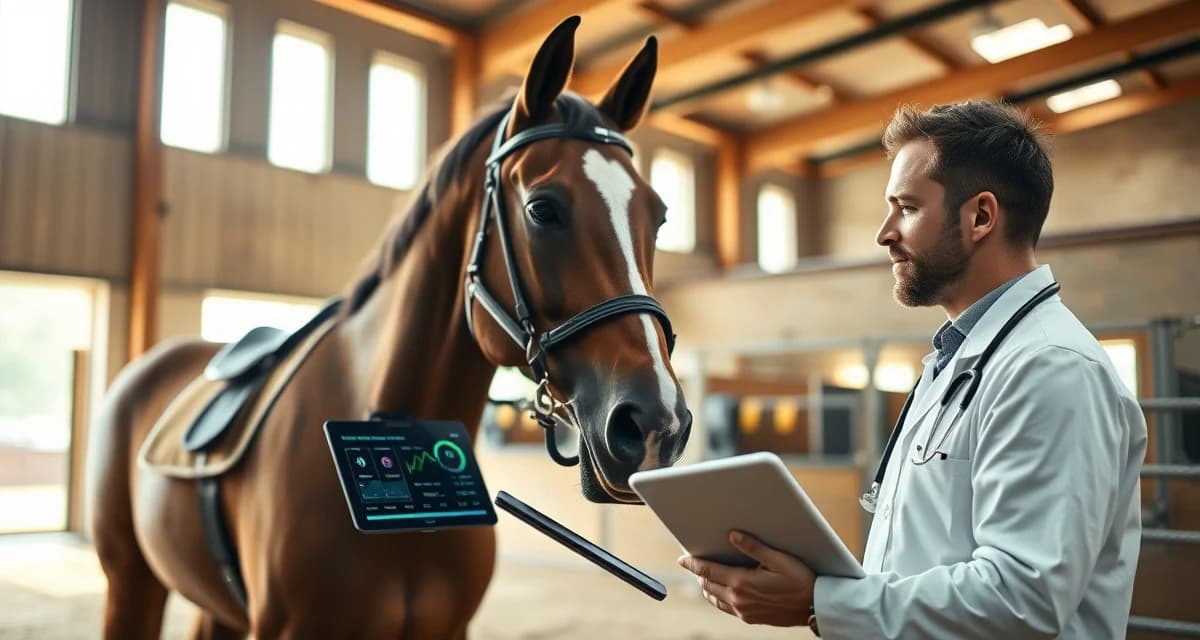 Equestrian vet using digital health monitoring software to track competition horse vitals in professional eventing barn facility