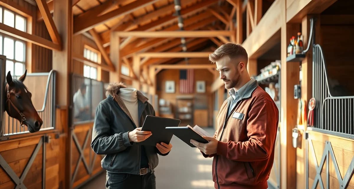 Modern eventing barn facility with organized stalls and digital management system for horse health records and competition tracking