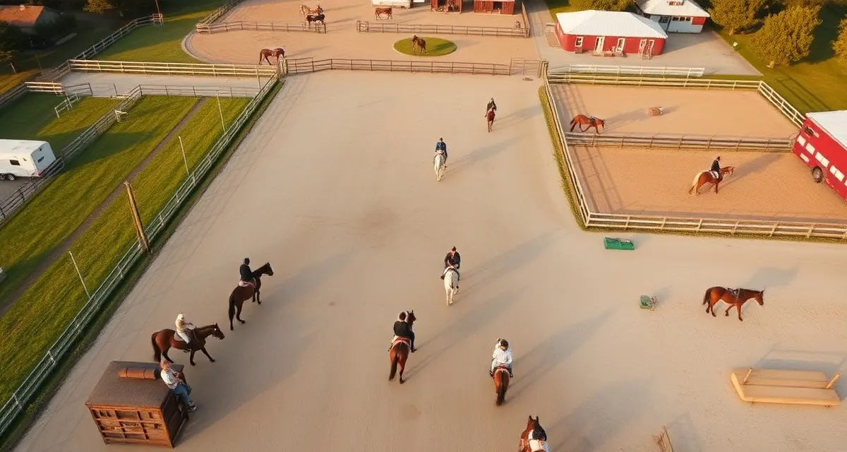 Organized equestrian facility layout showing multiple training areas for eventing barn scheduling with horses and riders practicing different disciplines