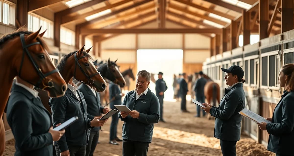 Eventing barn staff coordinating multiple horses and competition phases with management software and schedules