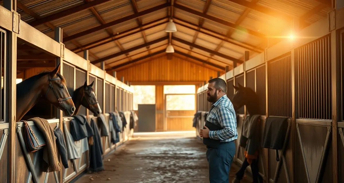 Organized horse barn interior during fall showing proper facility preparation and maintenance for winter season management.