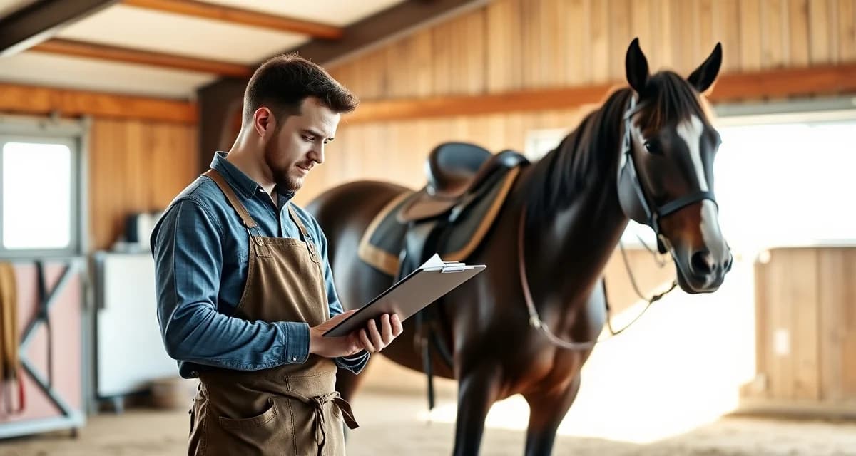 Farrier documenting detailed notes for barrel racing horse owner communication and barn management updates
