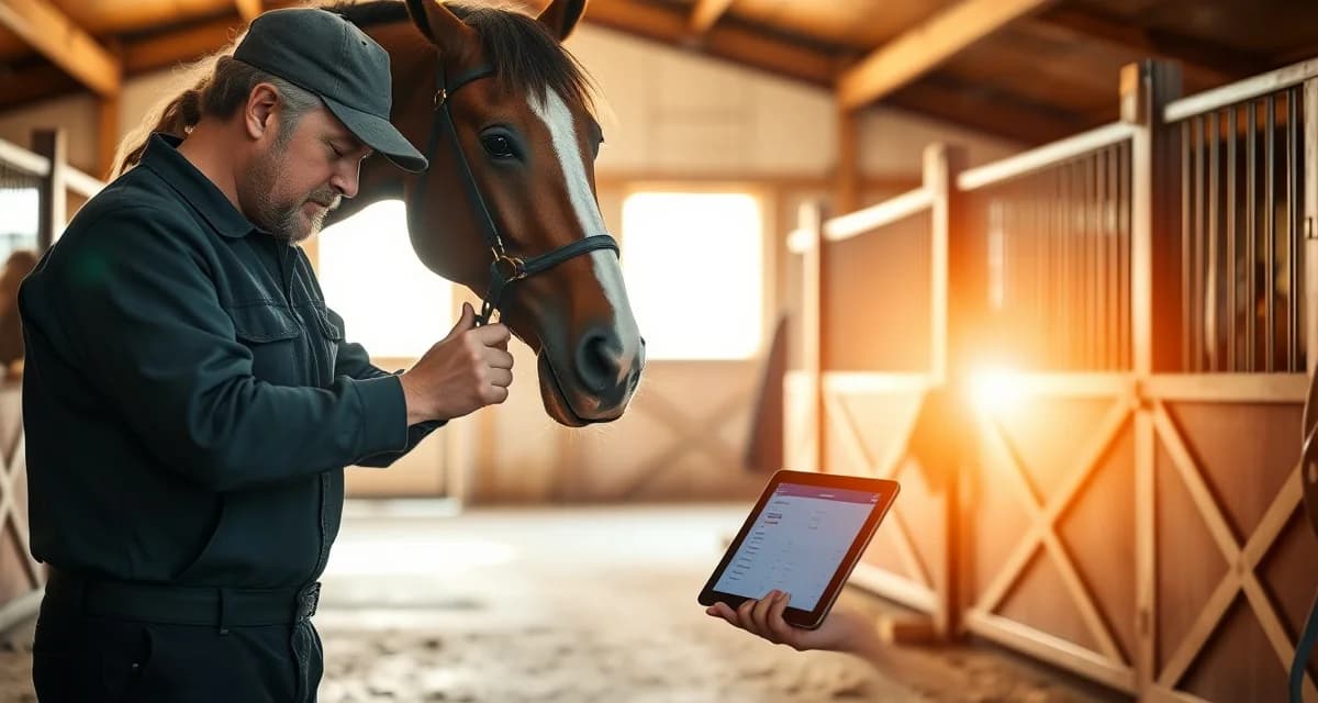 Farrier documenting horse hoof care with digital tools and barn management software for owner communication