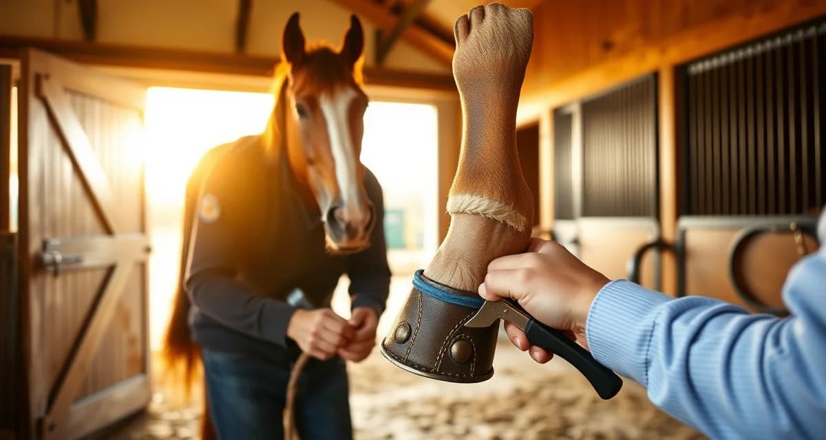 Professional farrier performing hoof care and shoeing on horse at boarding barn facility with proper scheduling and communication
