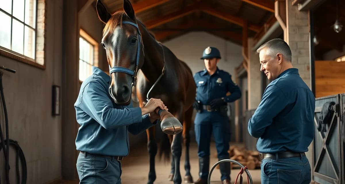 Farrier conducting hoof inspection on working horse for mounted patrol barn with owner communication focus