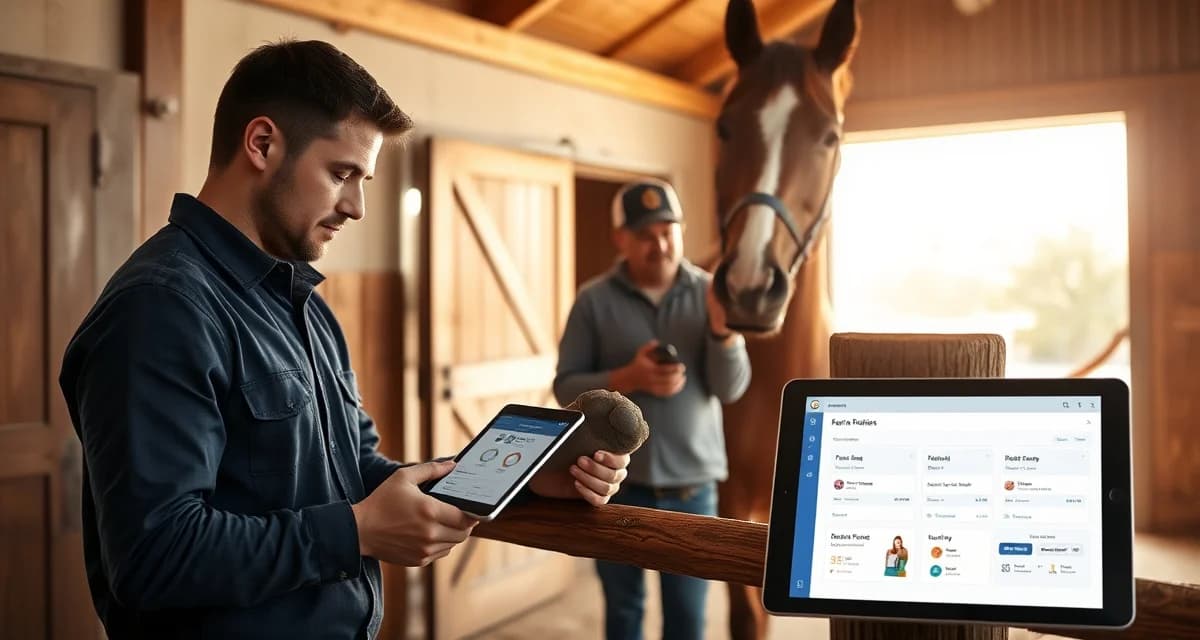 Farrier updating trail riding barn owner on horse hoof care using barn management software