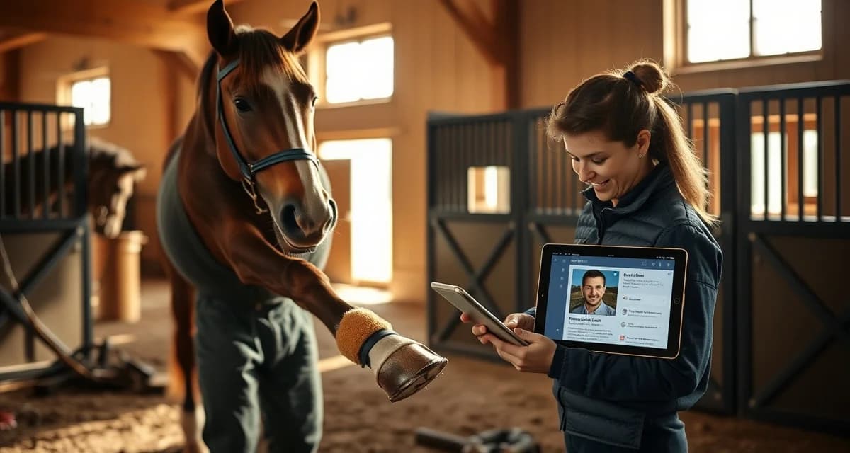 Farrier updating cutting barn owner on horse hoof care through digital communication system