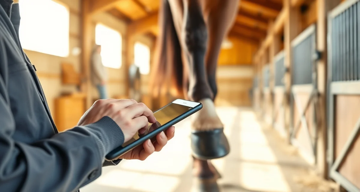 Farrier documenting horse hoof care visit on digital tablet in professional barn setting with organized facilities