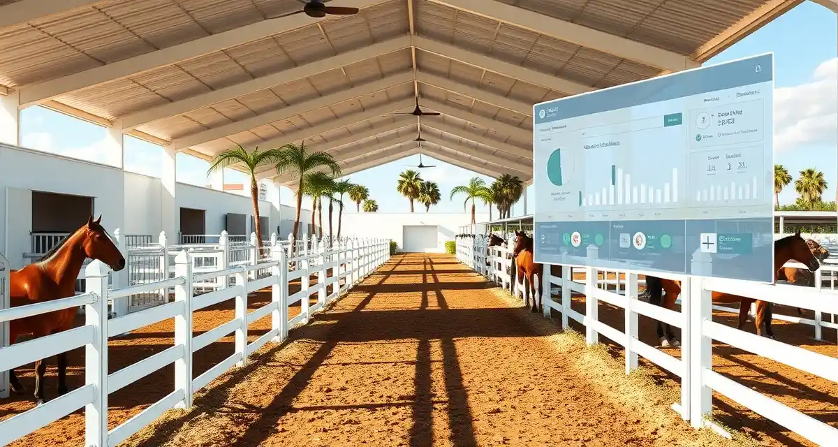 Florida equestrian barn facility with horses and modern barn management software interface displayed on tablet