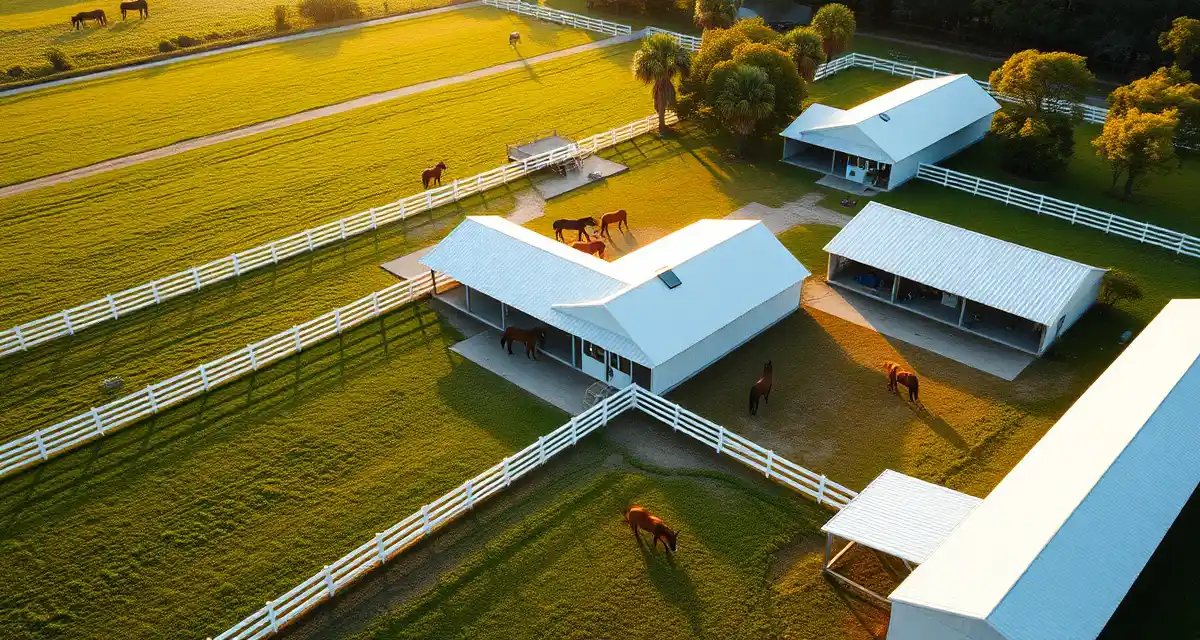 Modern Florida horse boarding facility with white fencing, barns, and horses grazing in organized pastures during daytime.