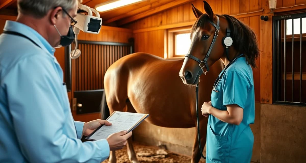 Equine veterinarian monitoring foaling schedule and mare health in a professional horse barn stable environment.