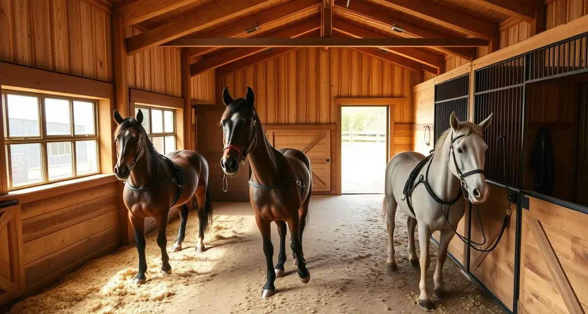 Well-organized gaited horse barn showing Tennessee Walkers and Paso Finos in spacious stalls with proper care equipment and facilities