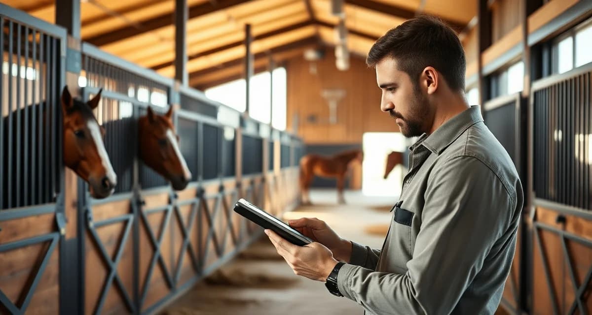 Barn manager using barn management software on tablet to track horses and billing at Georgia equine facility