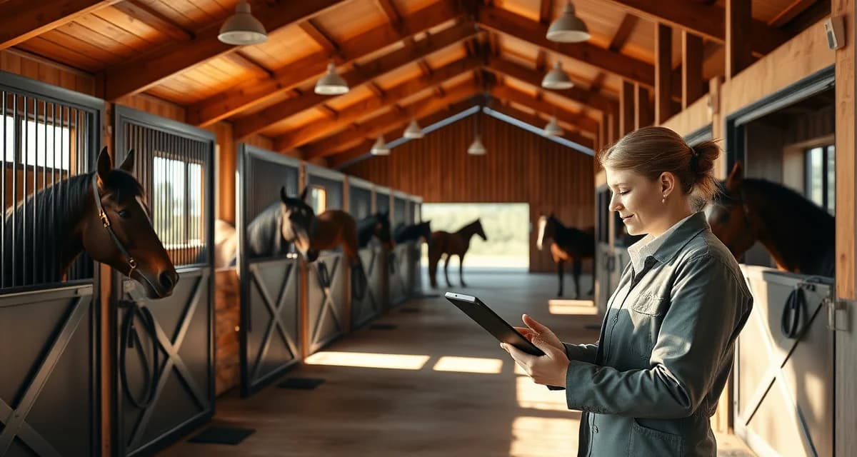 Modern horse barn manager using equestrian facility management software on tablet to organize Georgia barn operations and scheduling