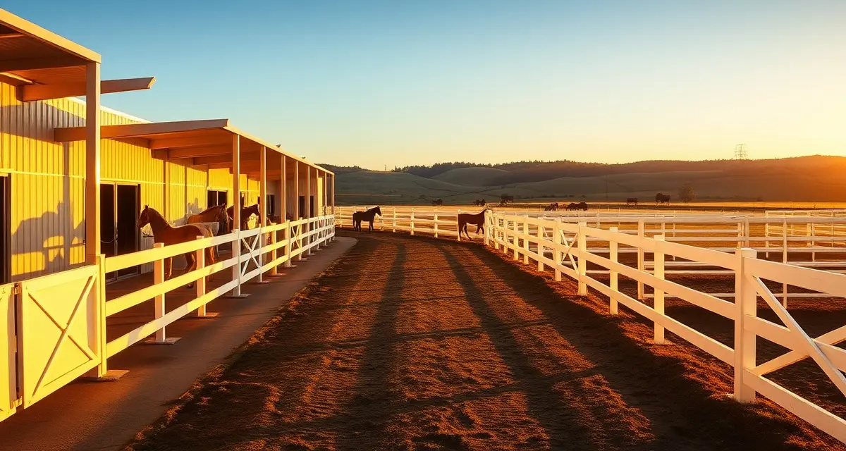 Modern horse barn facility in Georgia with white fencing, paddocks, and horses grazing in pasture during golden hour lighting.
