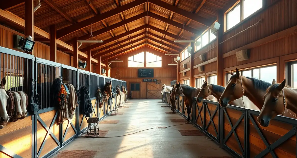 Modern horse barn management software interface displayed on tablet in organized Hawaii equine facility with multiple stalls and organized storage systems.