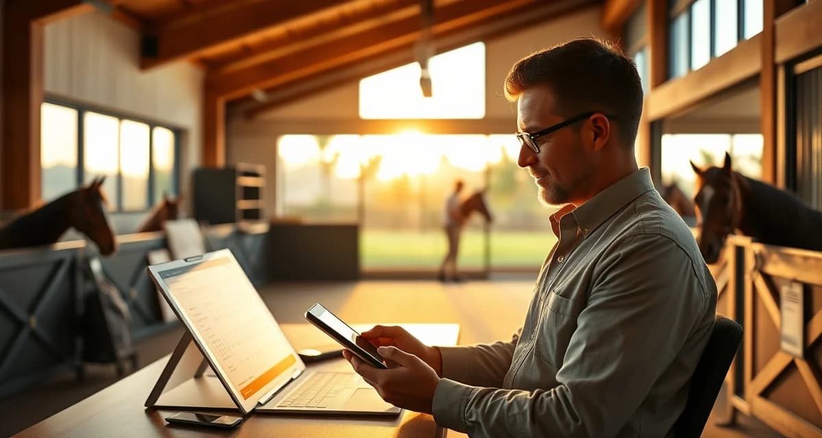 Equestrian facility manager using barn management software on tablet in modern Hawaii stable office with organized workspace and tropical views