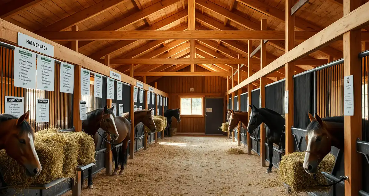 Organized hay feeding schedule template displayed in a professional horse barn with labeled feeding stations and structured feeding areas