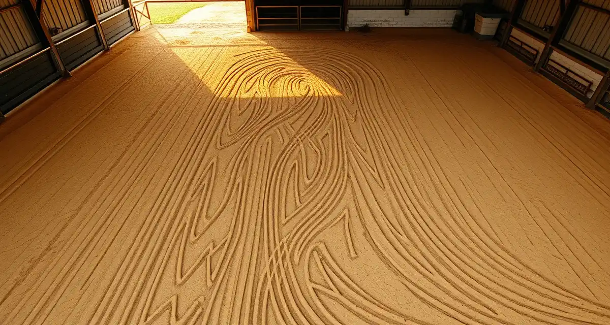 Well-maintained horse arena with consistent drag patterns showing proper arena footing maintenance and grooming schedule implementation.