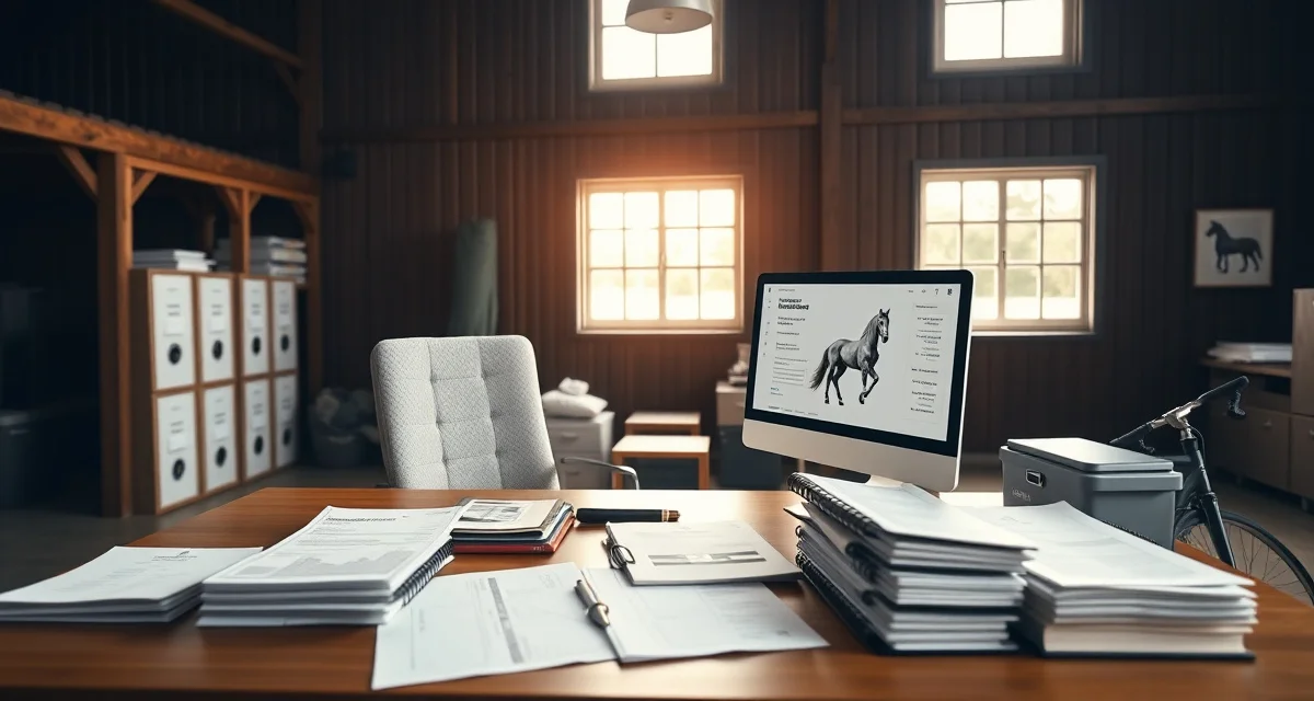 Organized barn office desk displaying accounts receivable documents, invoices, and aging reports for professional horse stable billing management.