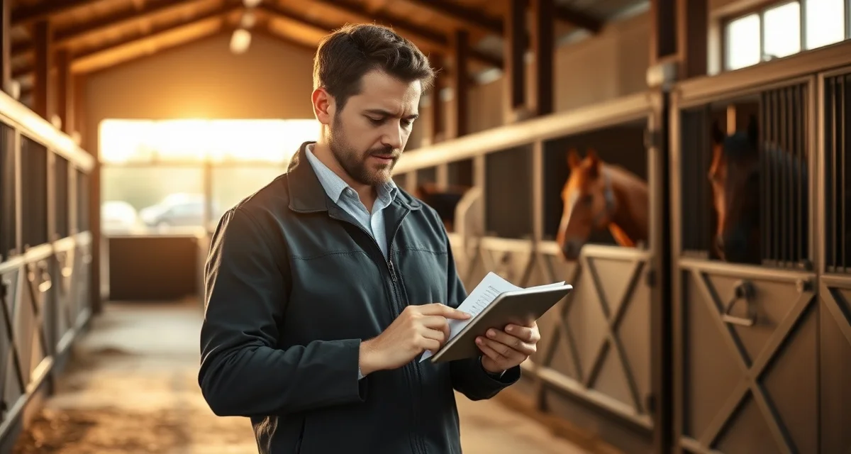 Barn manager using mobile app to compare horse barn management software features and workflows on tablet device