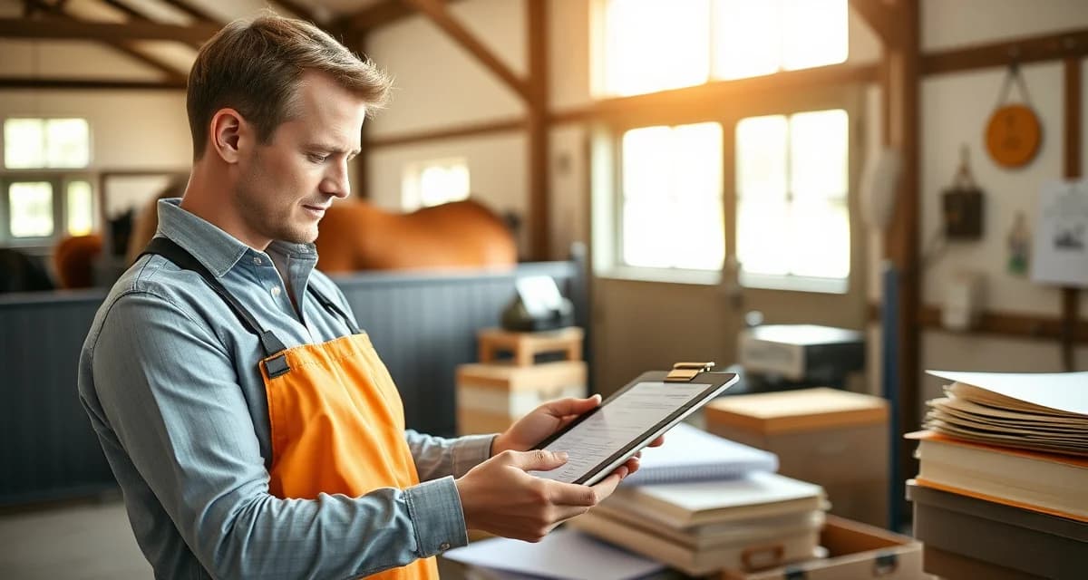 Organized digital health records and documentation system for horse barn audit preparation displayed on tablet in stable office