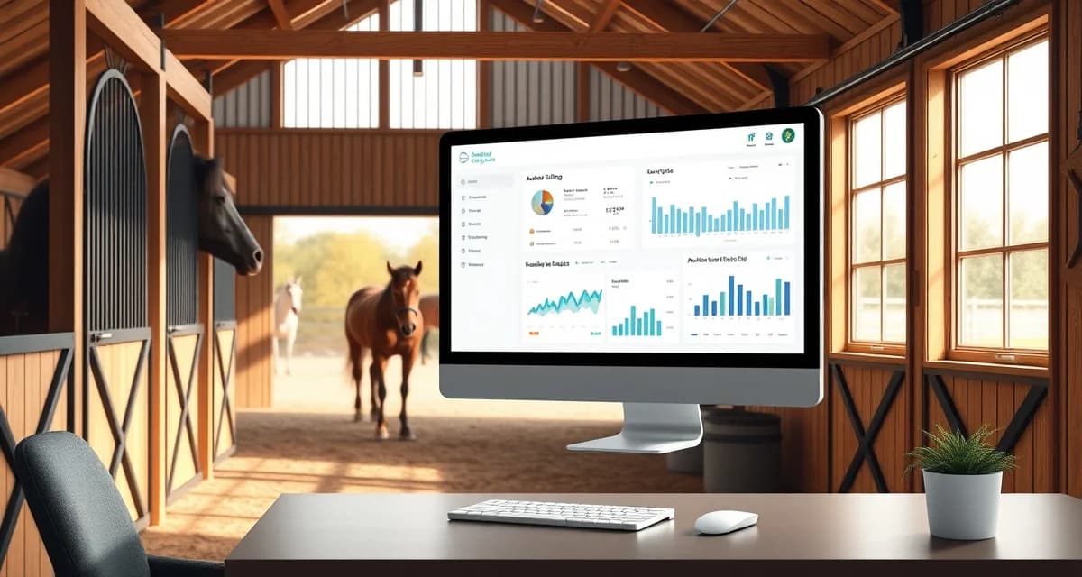 Automated billing dashboard interface for horse barn management software showing organized invoice tracking and financial reporting
