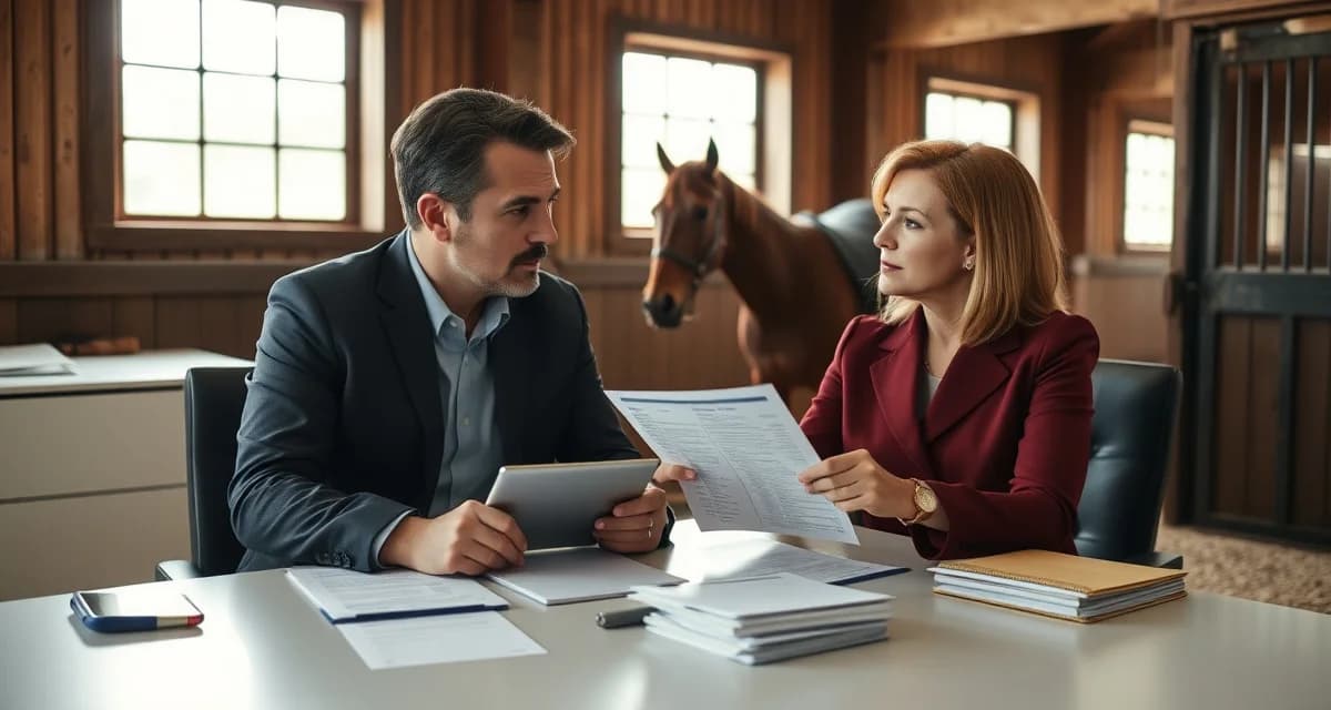 Horse barn manager discussing billing documentation with owner in professional office setting to resolve dispute.