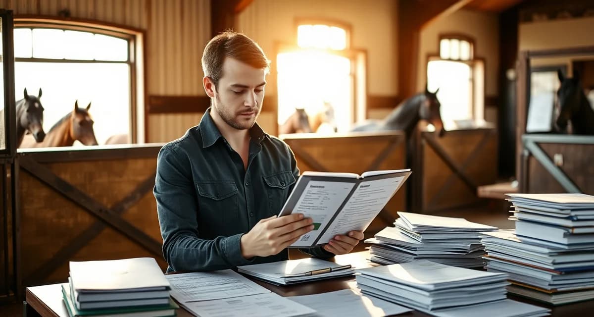 Horse barn manager preparing clear, detailed billing invoices for boarding clients with organized records and professional documentation.