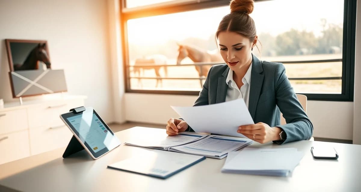 Horse barn owner managing billing and invoicing for boarding facility operations with organized service menu and payment tracking