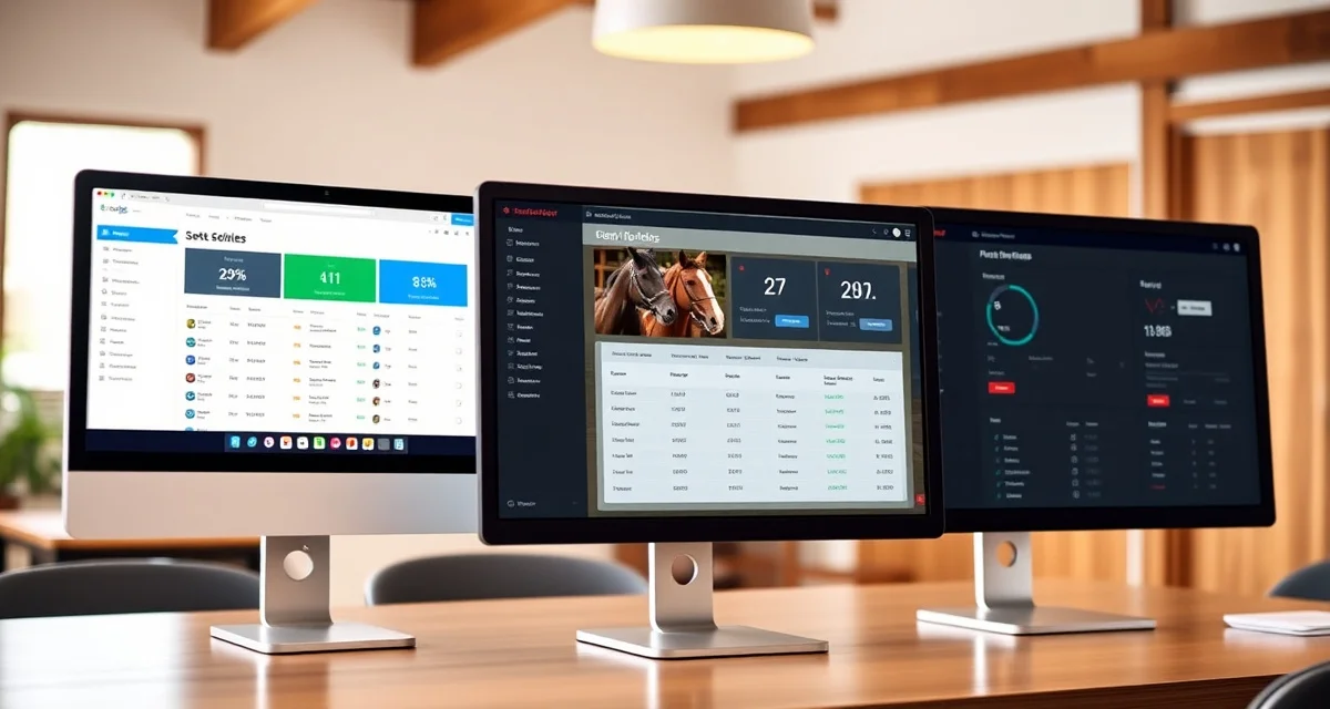 Comparison of three horse barn billing software options displaying invoicing features and pricing management tools for equine facilities.