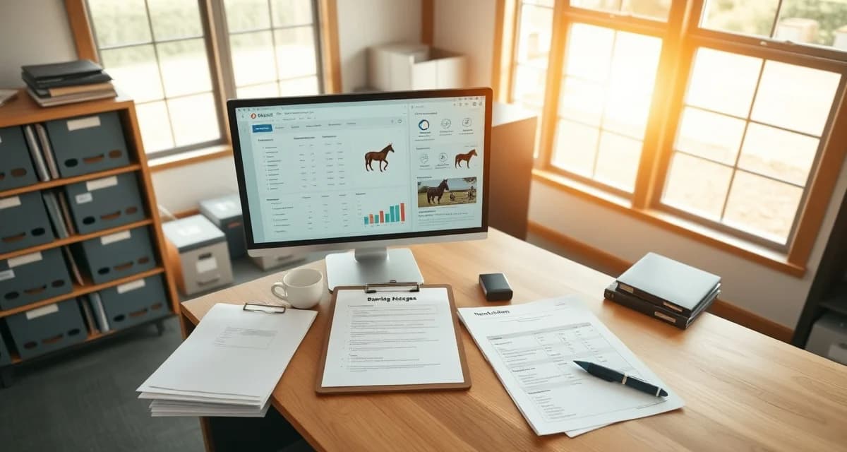 Equine facility manager organizing horse boarding package types and pricing on computer software dashboard for barn management