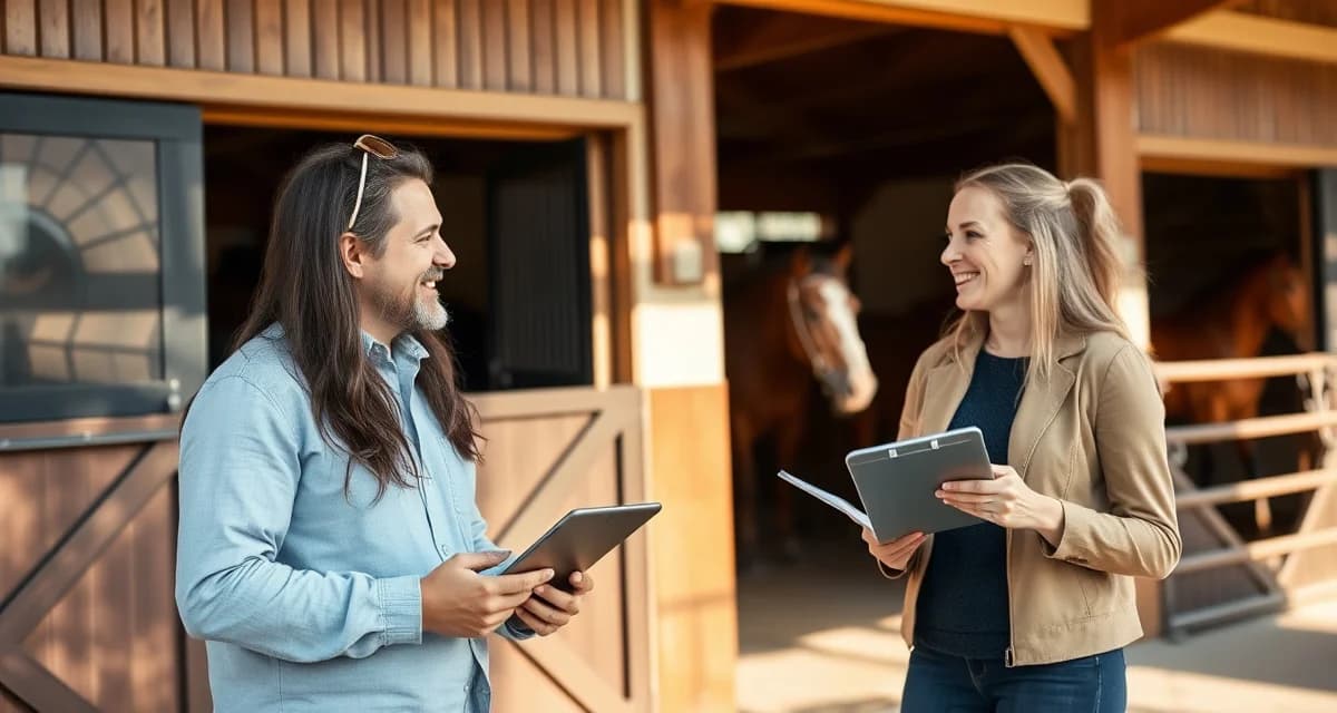 Horse barn manager communicating with boarder owner about equine care and facility updates using modern software tools