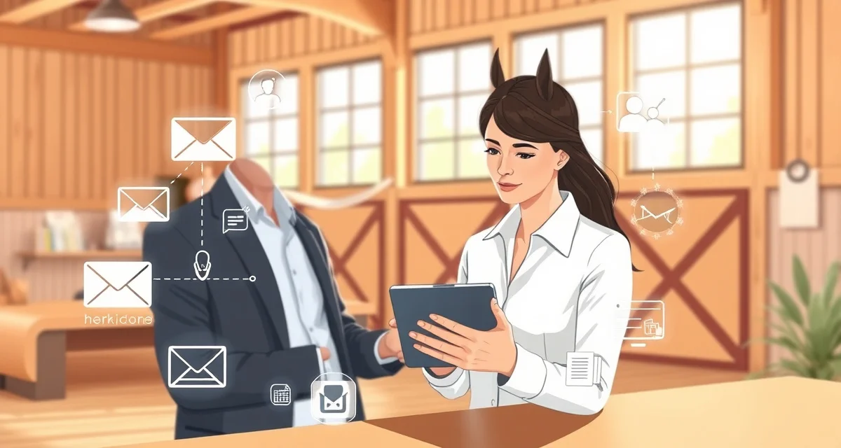 Barn manager using digital boarder communication tools on tablet to organize horse facility messaging and client updates