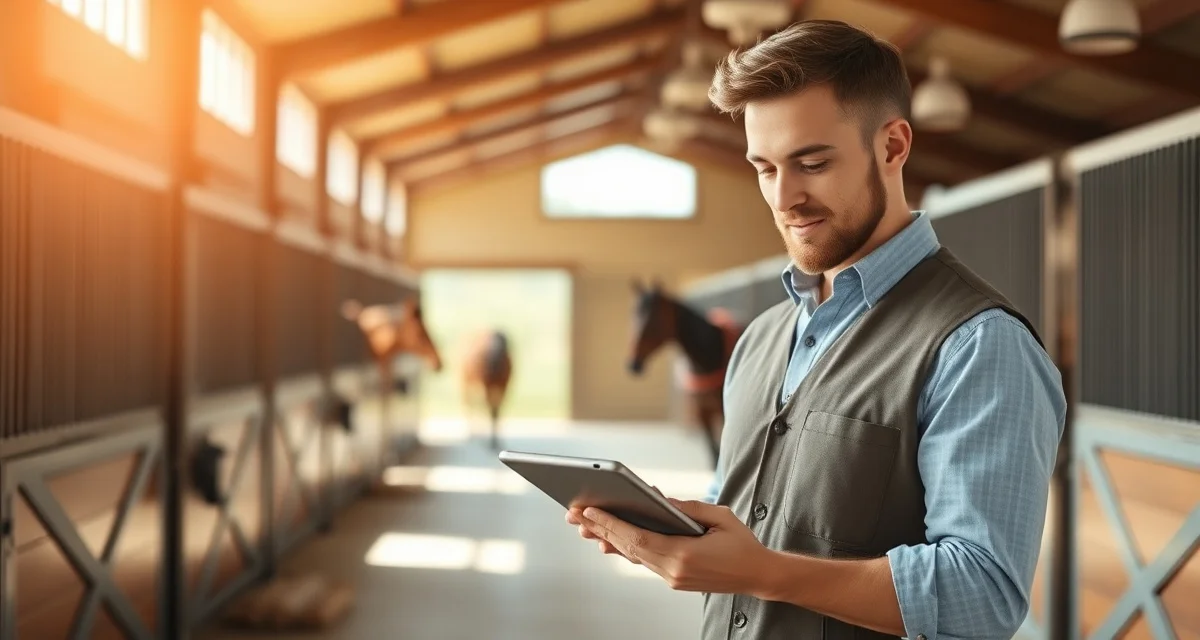 Horse barn manager using integrated communication system software on tablet to coordinate stable operations and staff messaging.