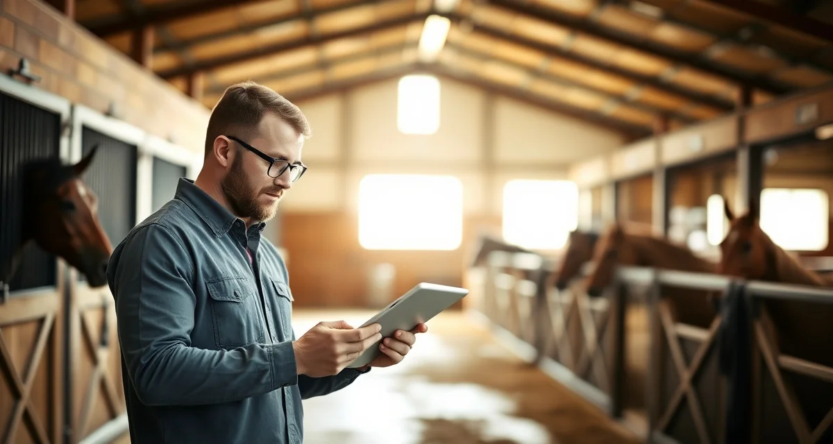 Horse care manager using digital daily care checklist on tablet in organized stable facility