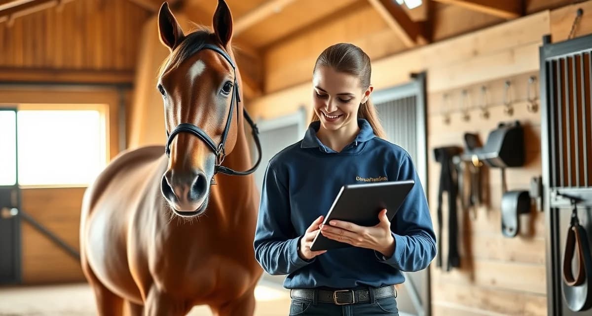 Barn manager reviewing digital daily care logs on tablet next to horse in stable facility for equestrian management
