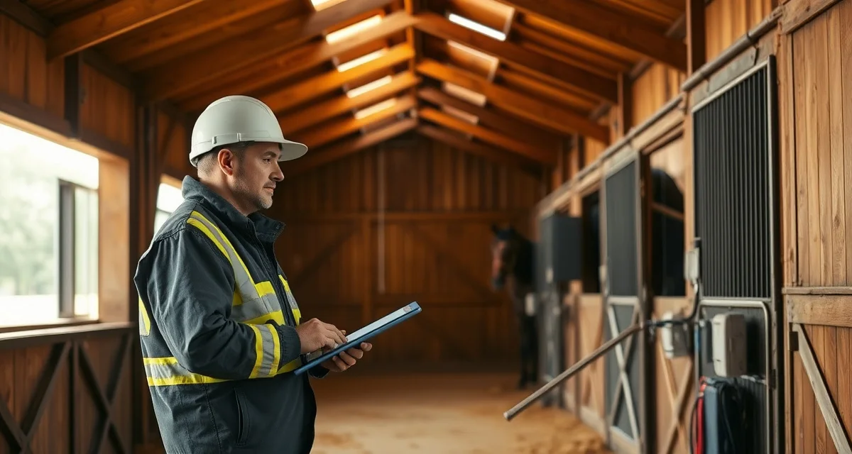 Professional conducting facility safety inspection of horse barn checking fencing, footing, stalls, electrical and water systems for equine property safety