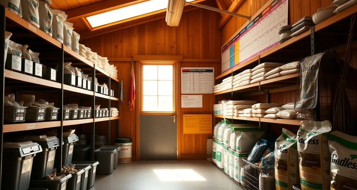 Organized horse barn feed room with labeled storage bins, feeding charts, and inventory management systems for proper equine nutrition.