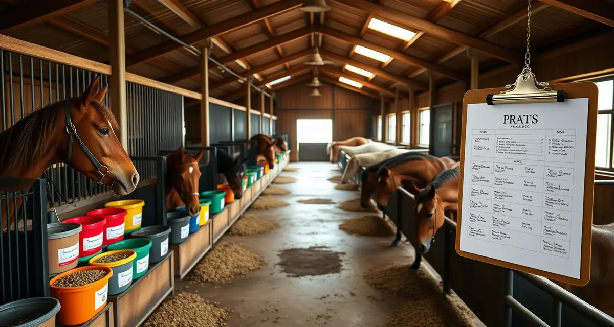 Horse barn feeding program card generator organizing feed schedules for multiple horses with clear laminated instruction cards