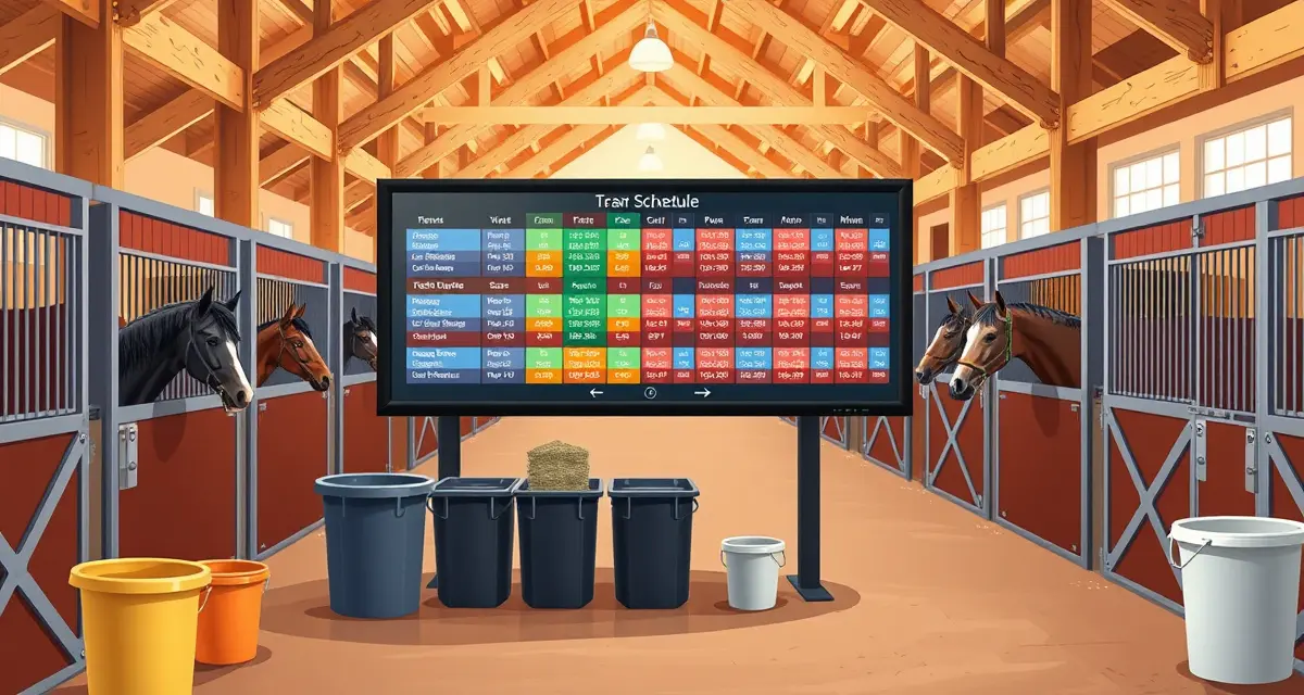 Digital feeding schedule board in organized horse barn displaying color-coded meal times and portions for multiple horses
