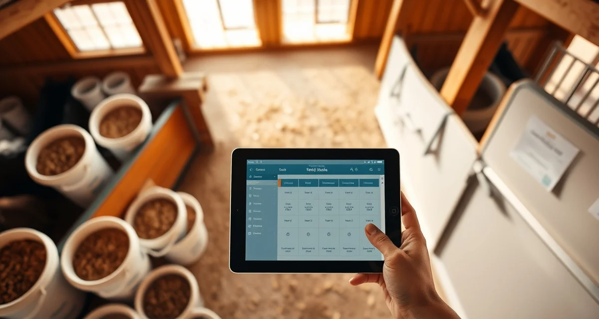 Digital horse barn feeding software interface displayed on tablet next to organized feed buckets and labels in modern stable management setup.
